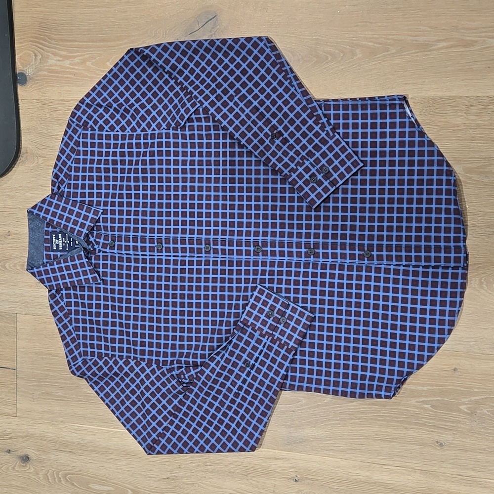 NEW Society of Threads Men's Medium Blue Plaid Dress Shirt Tartan Slim Fit